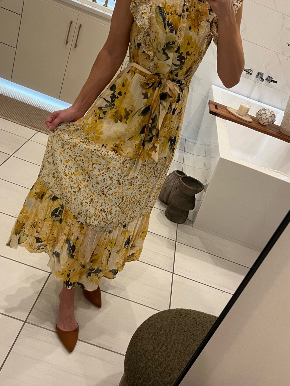Yellow Floral Ruffle Midi Dress with Tie Waist new with tags